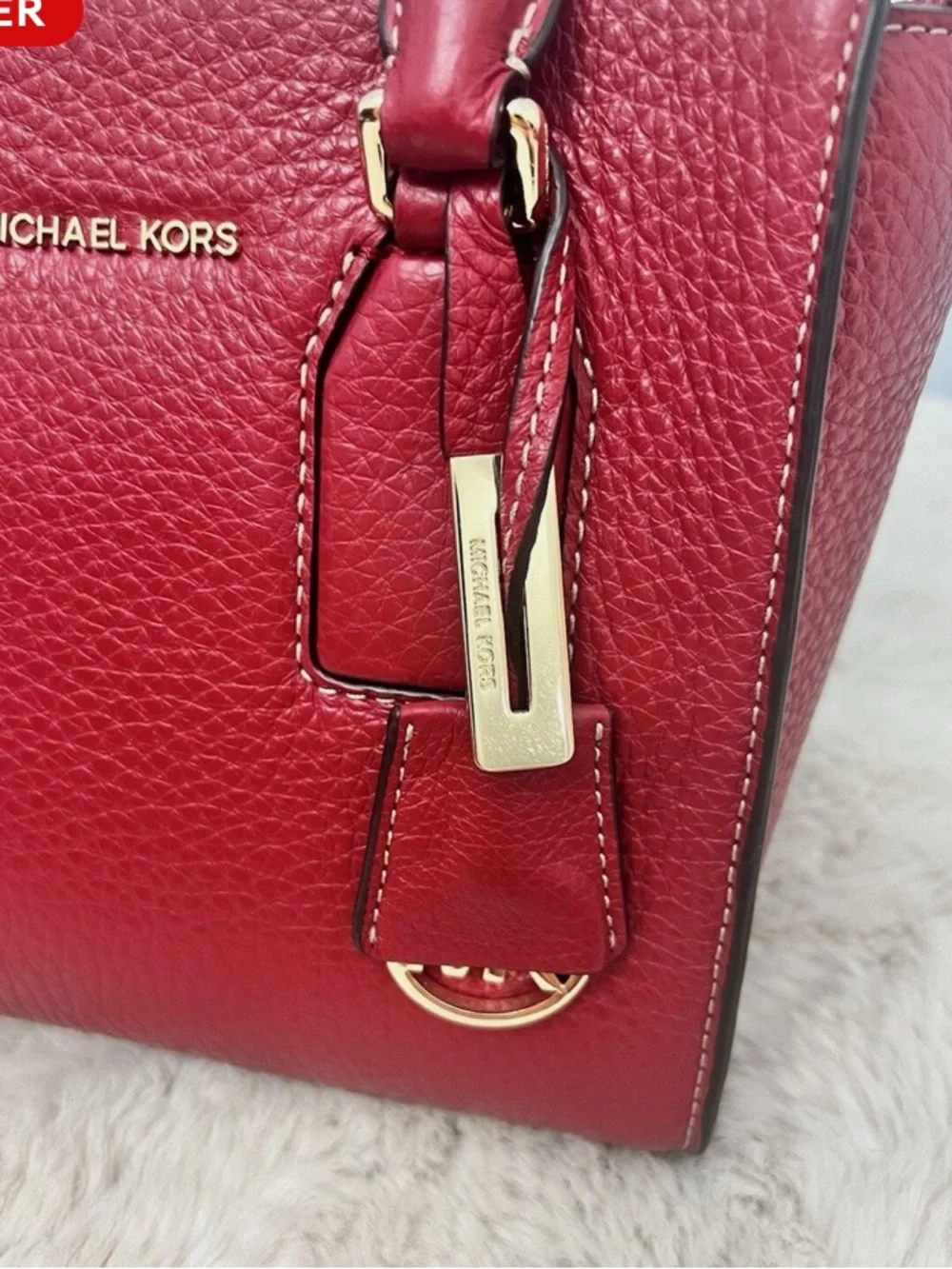 Michael Kors Selby cherry red pebble Leather Satchel with Gold Hardware EUC